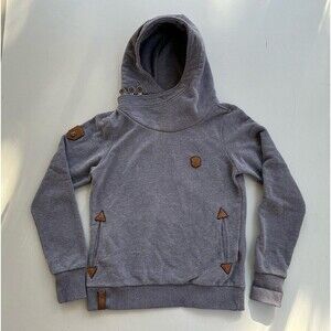 Naketano Women's Gray Hoodie Button Collar Pockets Leather Accents - Size Large